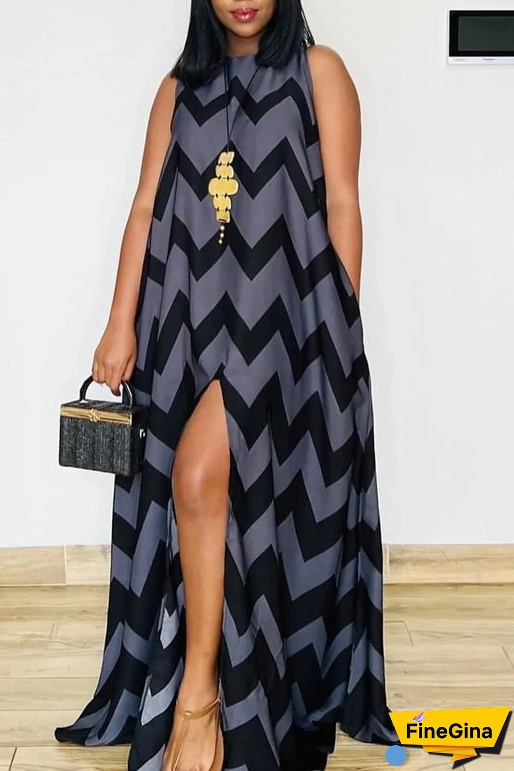 Gray Blue Daily Party Print Slit O Neck A Line Dresses