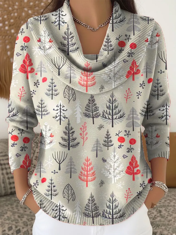 Women's Christmas Tree Pattern Art Print Cowl Neck Sweater