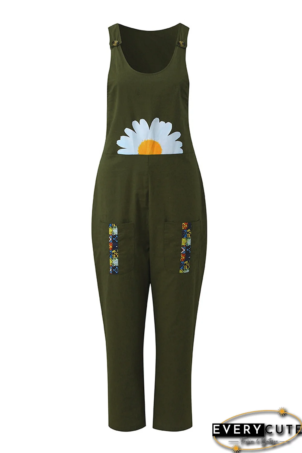 Daisy Print Pockets Patchwork Overall Jumpsuit