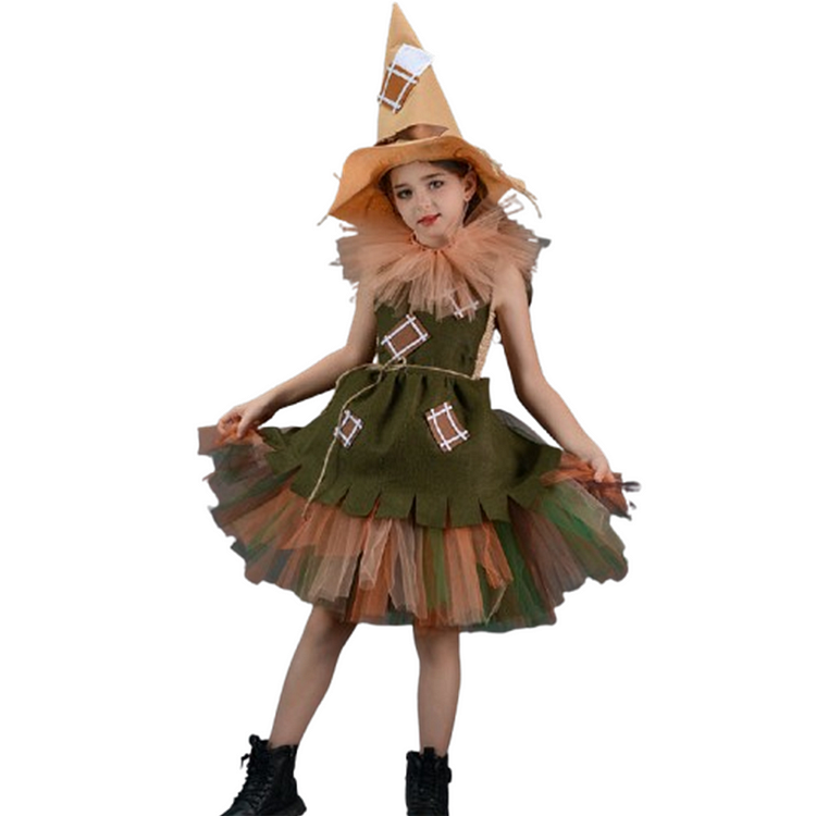 Kids Children Scarecrow Brown Tutu Dress Outfits Costume Stage Performance Carnival Suit 