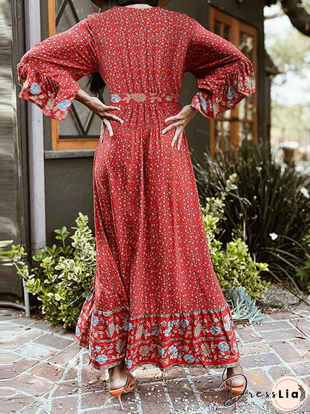 Bohemian Floral Print Belt Ruffle Sleeve Maxi Dress