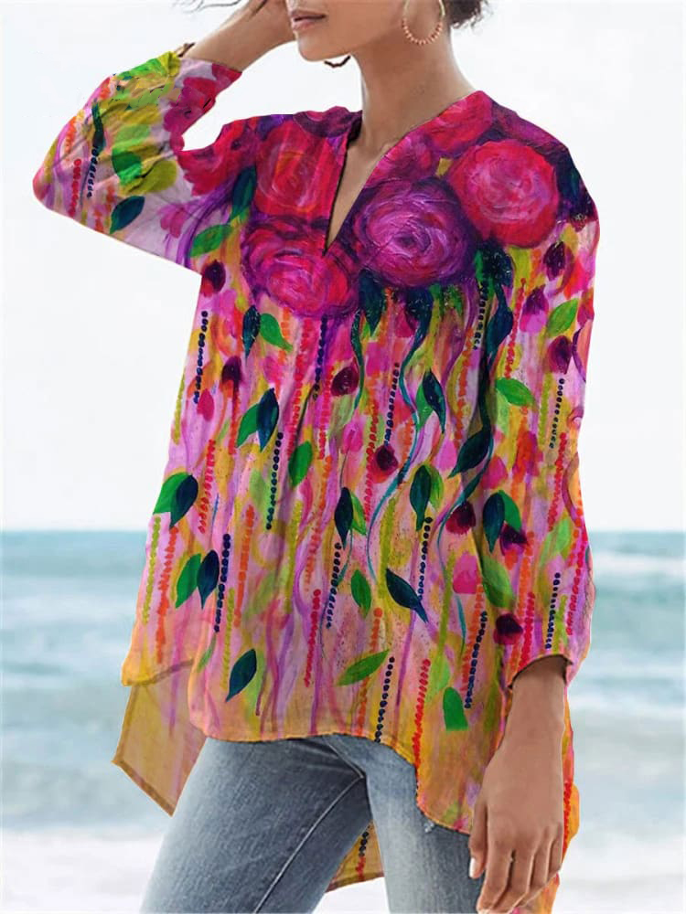 Women's  Flower Print Casual Linen V-neck Shirt