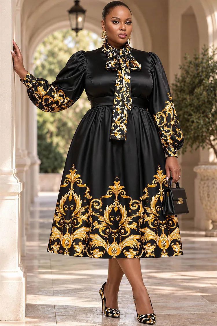 Xpluswear Design Plus Size Churchs Black Graphic Bow Tie Long Sleeve Satin Midi Dresses [Pre-Order] 2024 - Xpluswear