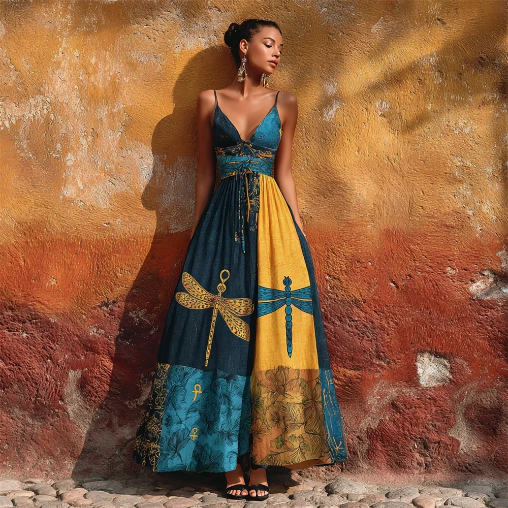 Elegant Dragonfly Pattern Color Clash Women's Spaghetti Strap Maxi Dress