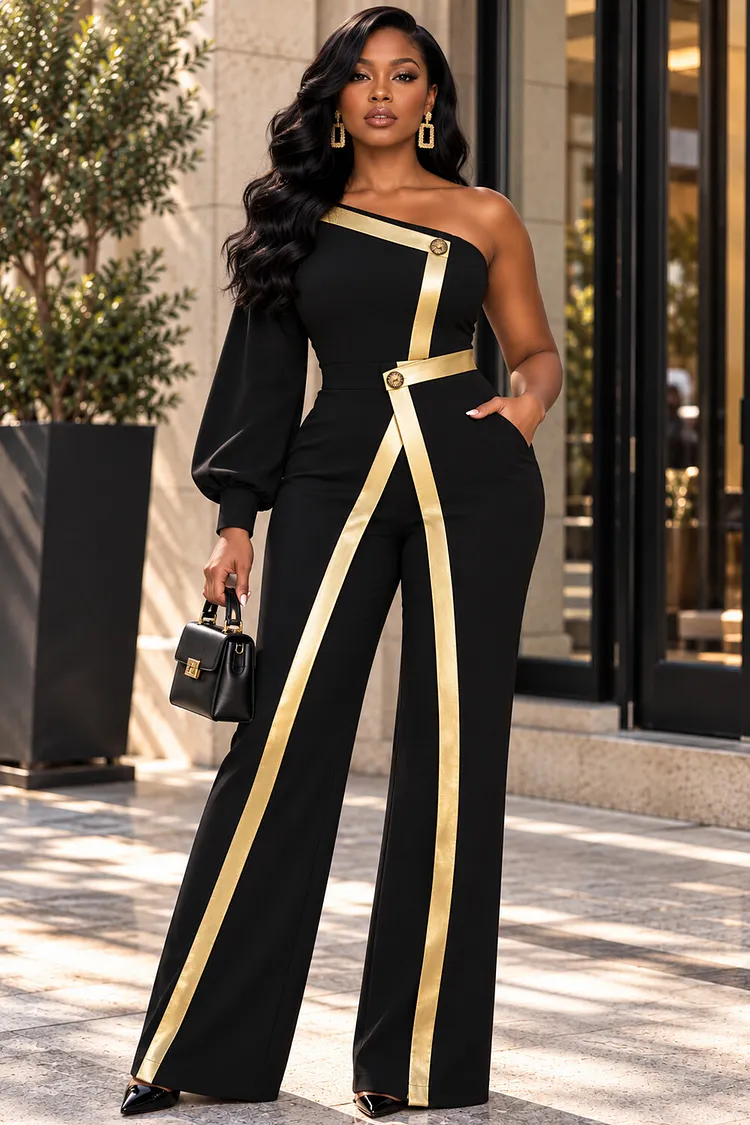 Xpluswear Design Plus Size Business Casual Black Colorblock One Shoulder Long Sleeve Contrast Pocket Jumpsuits [Pre-Order] 2024 - Xpluswear