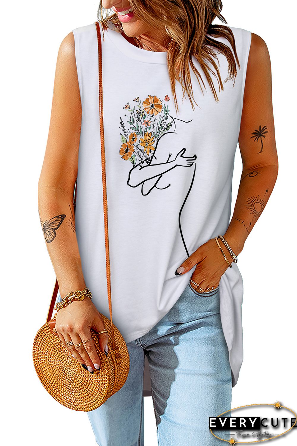 White Casual Portrait Graffiti Print Graphic Tank Top