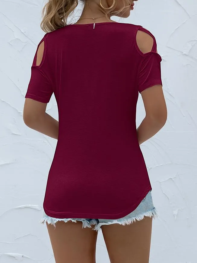 Solid Round Neck Short Sleeve Off-shoulder T-shirt