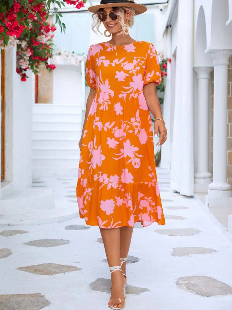 Floral Print Loose Puff Sleeve Maxi Dress