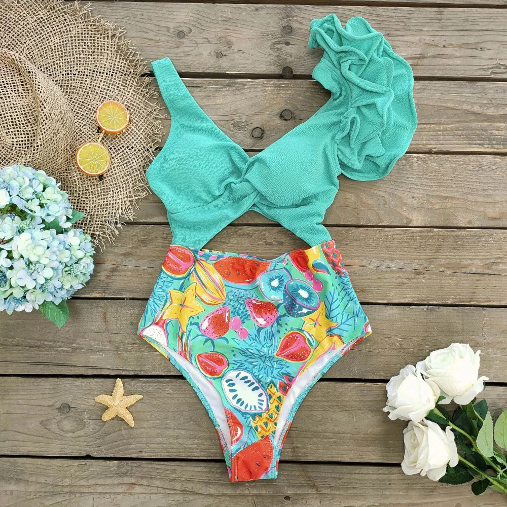 Uveng Spoorlike Solid-Colored Hollow-In-Body Swimsuit Women 2025 New High-Rise Dew Lotus Leaf Edge Swimsuit