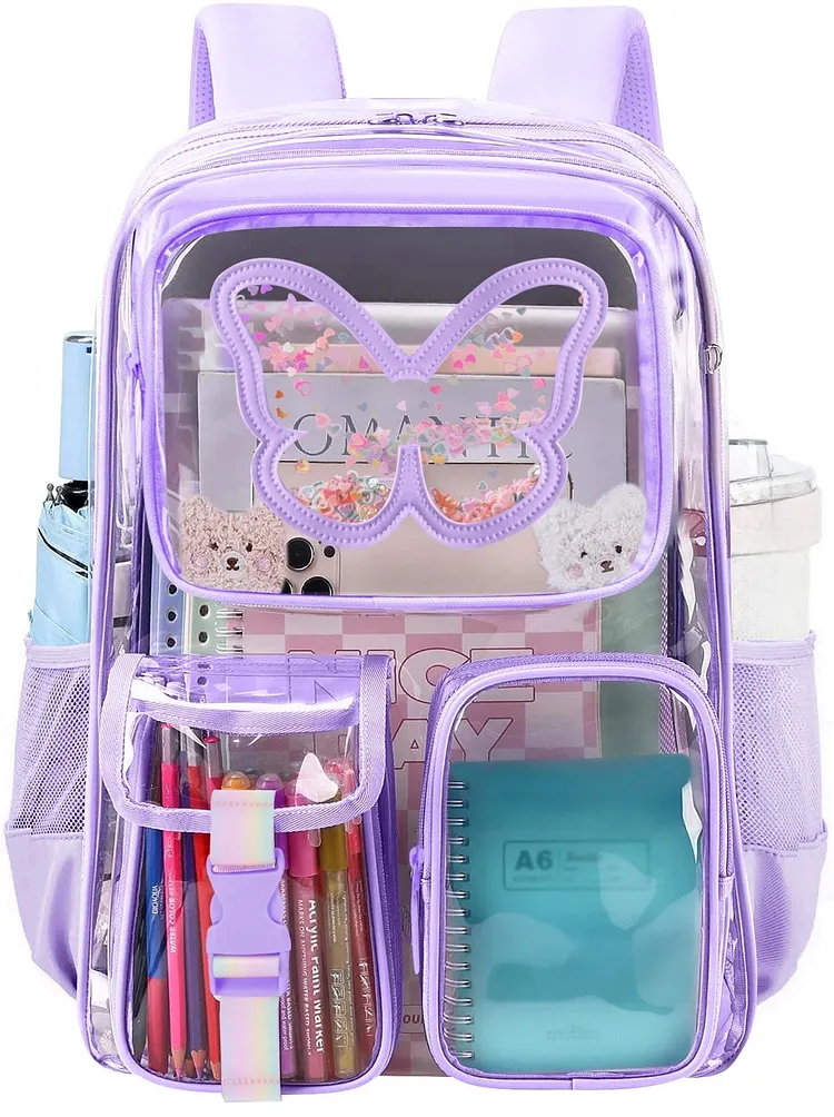 Clear Backpack Heavy Duty Transparent Bookbag Teen Girlish Cute Bag Large Capacity See Through Backpacks Stadium Approved Daypack for Middle School College Sport/Travel
