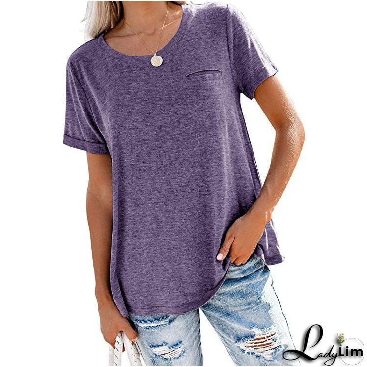 Multicolor Round Neck Short-Sleeved T-Shirt with Loose Fit and Pocket