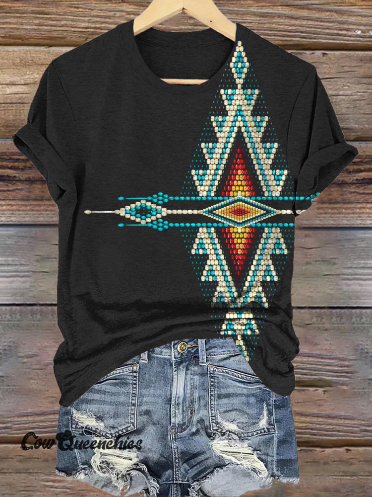 Simple Aztec Prismatic Print Crew Neck T-Shirt Black / S