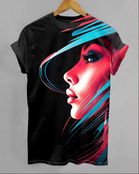 Colorful Line Face Art Round Neck Short Sleeve Shirt