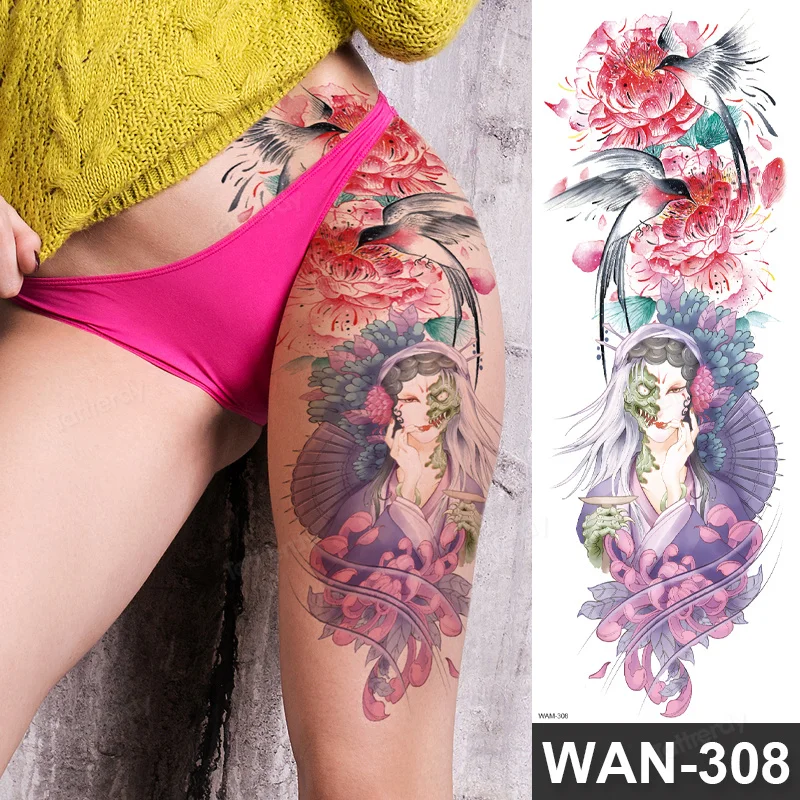 Sdrawing Size Leg Thigh Temporary Tattoo Stickers Full Arm Sleeve Wolf Carp Fox Peony Flower Fake Tattoo Sleeves Sexy Body Painting