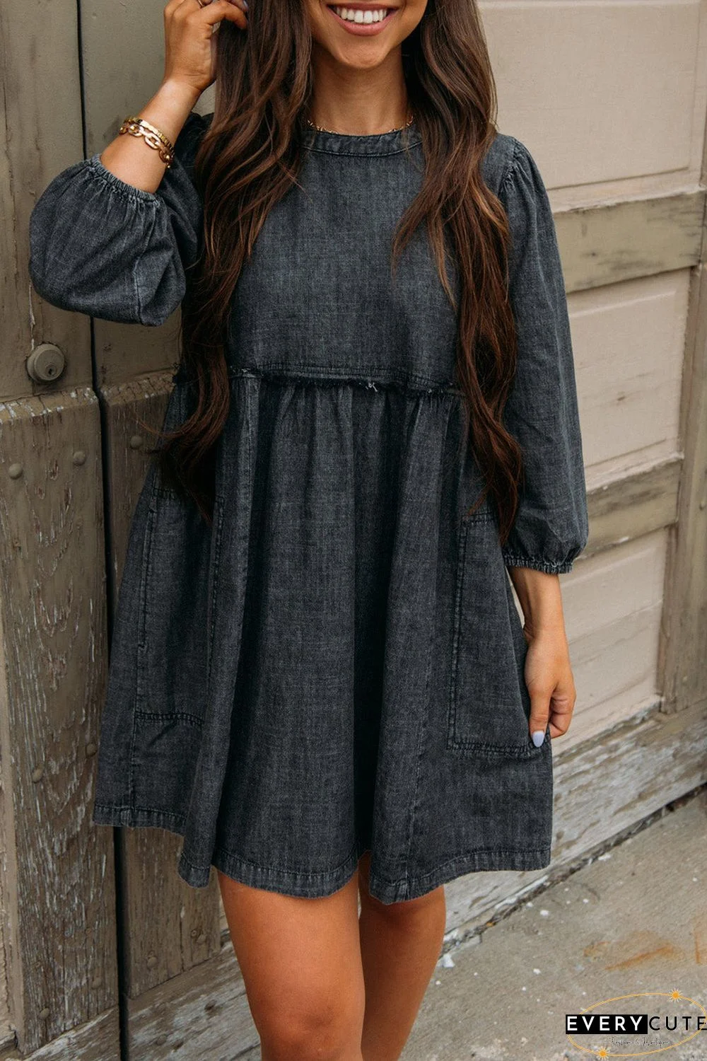 Black Balloon Sleeve High Waist Denim Dress