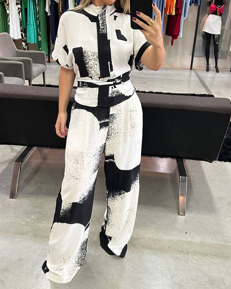 Stand Collar Top and Pants Print Two Piece Set