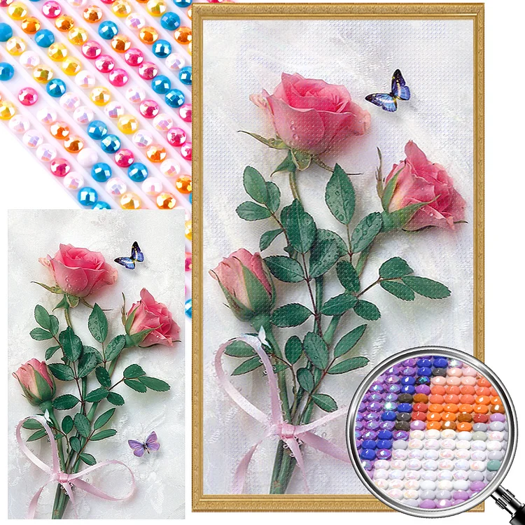 Partial AB Drill - Full Round Diamond Painting - Butterfly Rose Flower 40*70CM