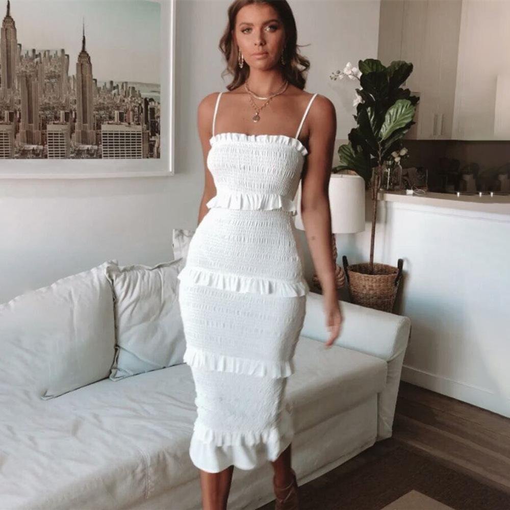 New Solid Color Sexy Suspender Pleated Cake Dress White Dresses