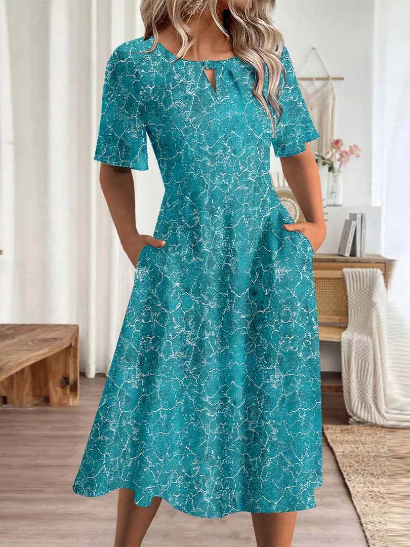 Women Graphic,Blue DZHA8223 Short Sleeve Scoop Neck Graphic Printed Hollow Midi Dress