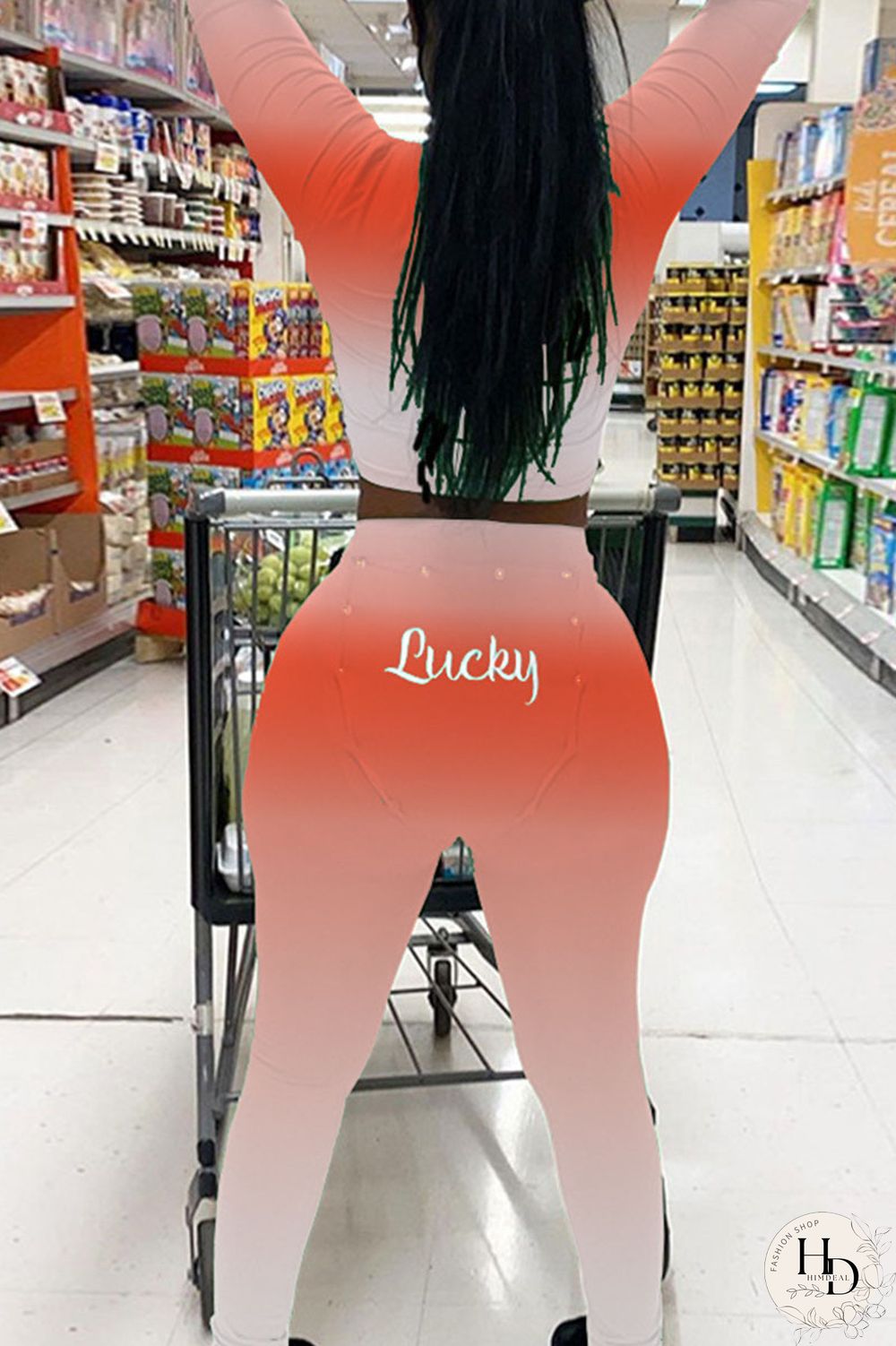 Tangerine Red Street Print Split Joint V Neck Long Sleeve Two Pieces