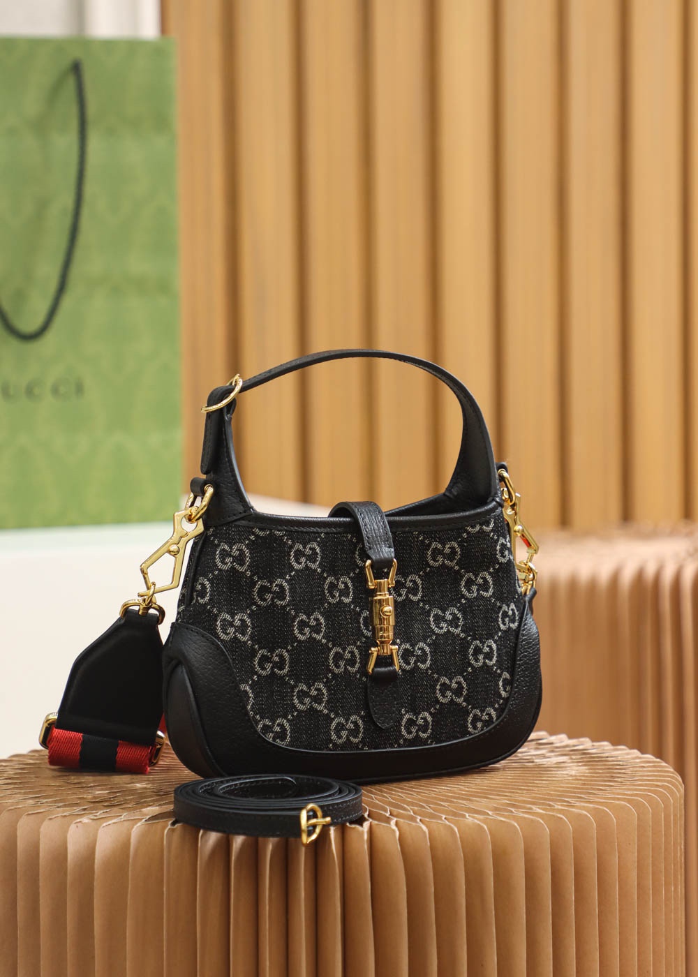 Gucci Jackie 1961 Mini Shoulder Bag in Black GG Monogram Denim