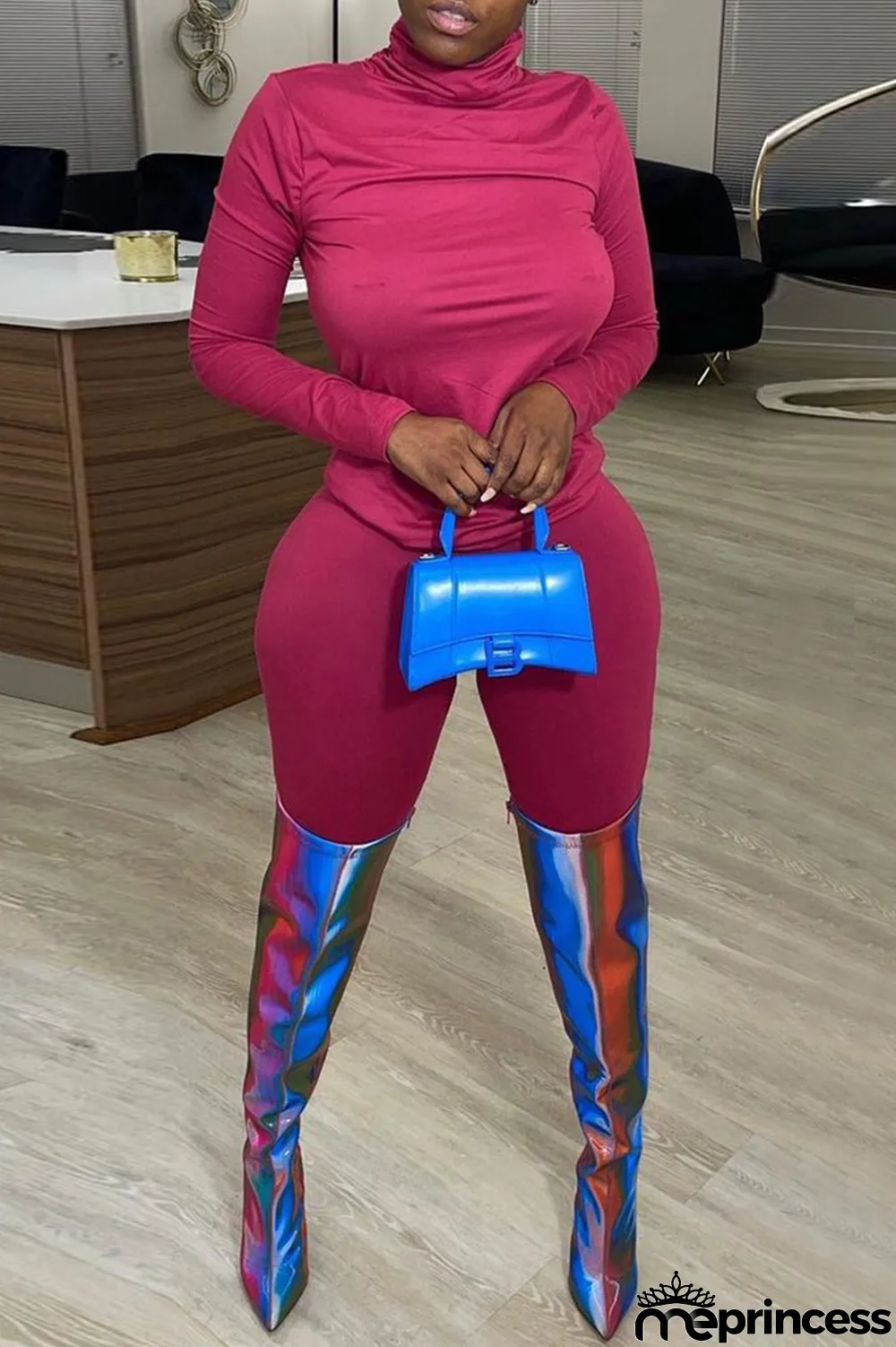 Dark Purple Fashion Casual Solid Basic Turtleneck Long Sleeve Two Pieces