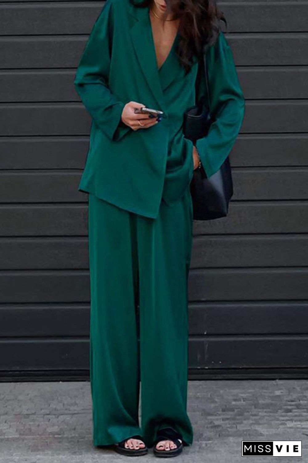 Casual Simplicity Solid Pocket Turndown Collar Long Sleeve Two Pieces