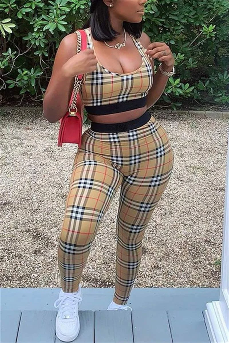 Fashion Casual Tank Plaid Print Two Piece