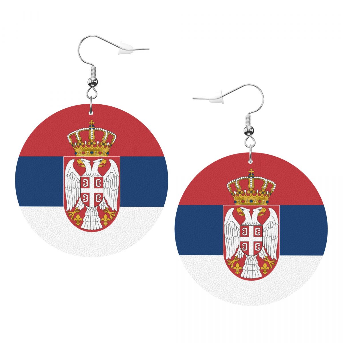 Serbia Flag Round Leather Dangle Earrings for Sport Ball Fans or Players