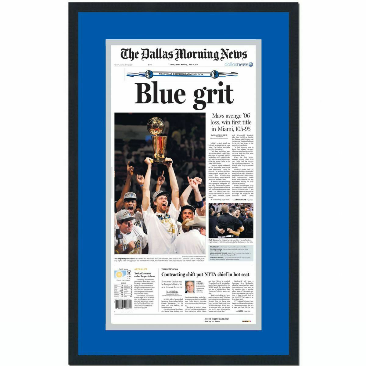 Framed The Dallas Morning News Mavericks 2011 Championship Newspaper 17x27 Photo Poster painting