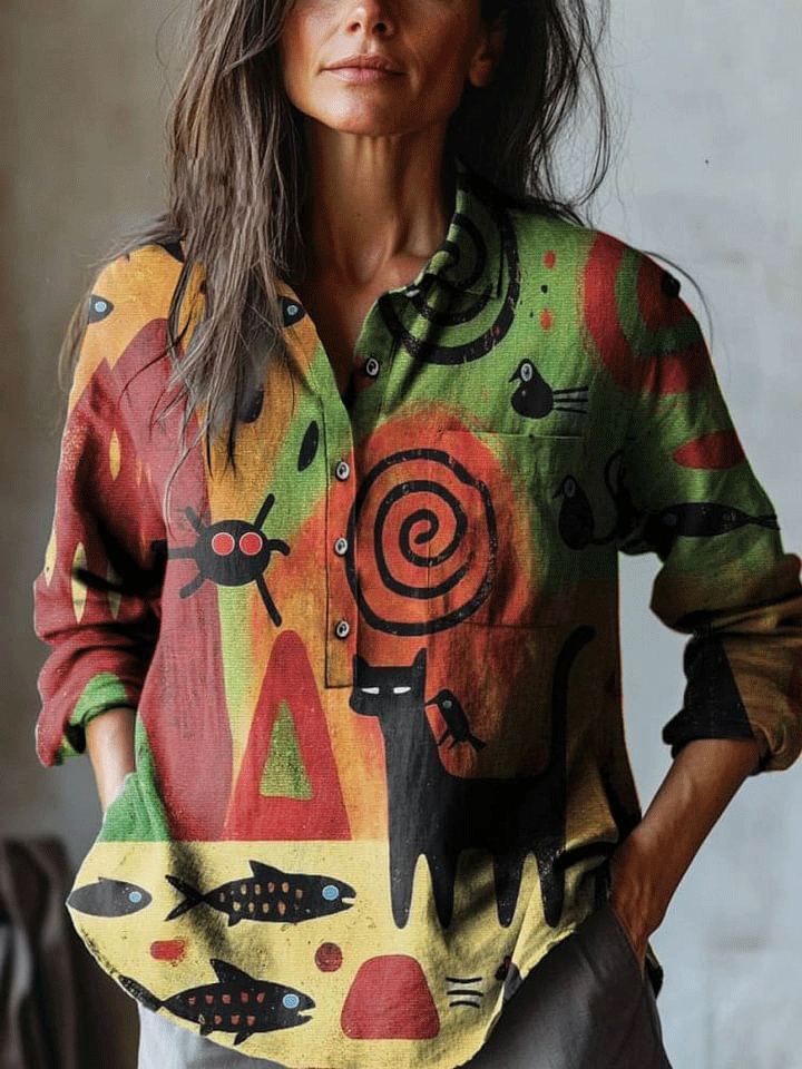 Women's Vintage Abstract Cat Art Print Casual Cotton And Linen Shirt