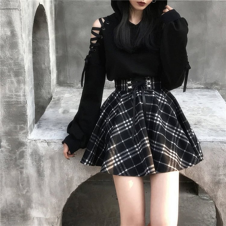 High Waist Plaid Mini Skirt - Black - Gotamochi Kawaii Shop, Kawaii Clothes