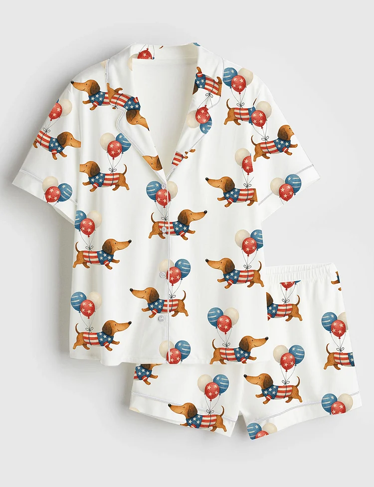 Women&rsquo;s 4th Of July Pet Dog Lovers Watercolor America Flag Dachshund Dog Print Short Sleeve Satin Pajama Set