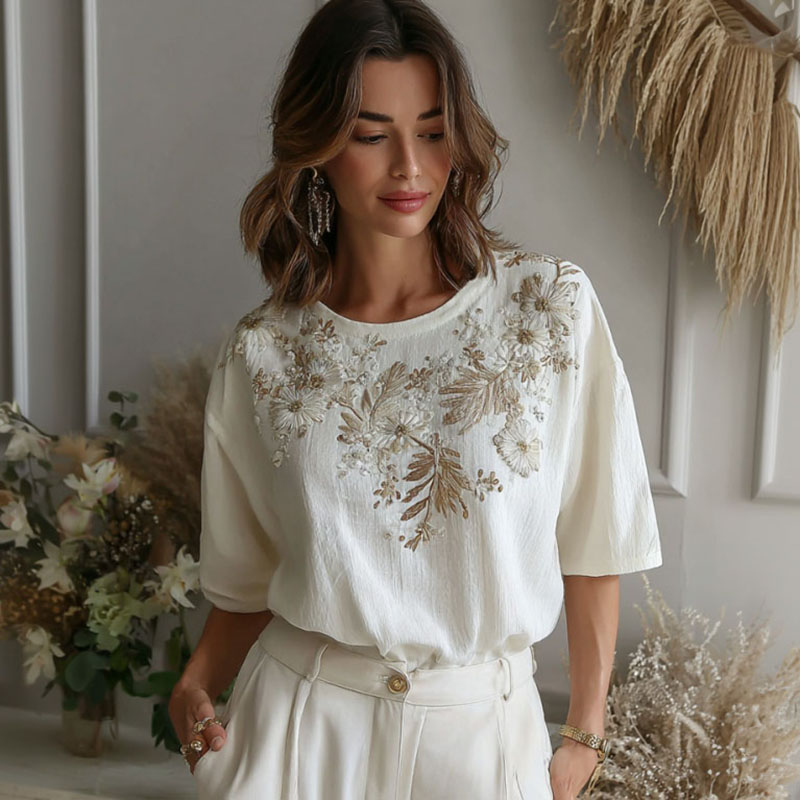 Women's Retro Floral Art Print Linen Blend Crew Neck T-shirt elevenforest