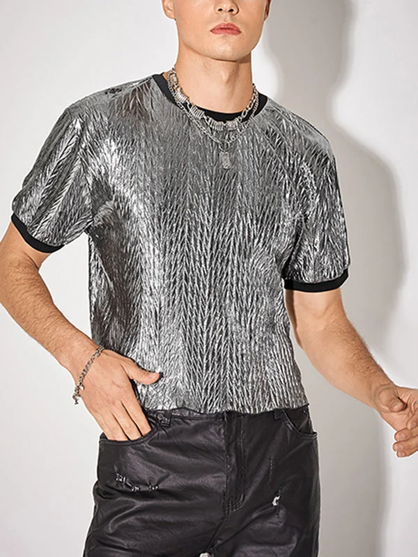 Aonga - Mens Shiny Metallic Textured Striped Ringer T-Shirt