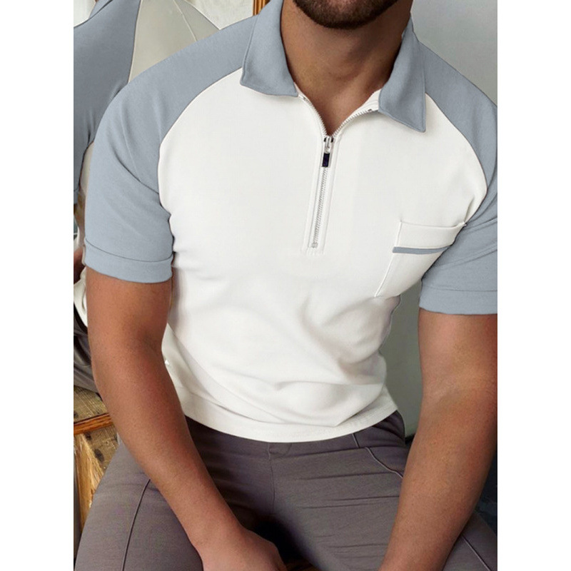 Colorblock men's polo shirt with lapel single pocket zipper