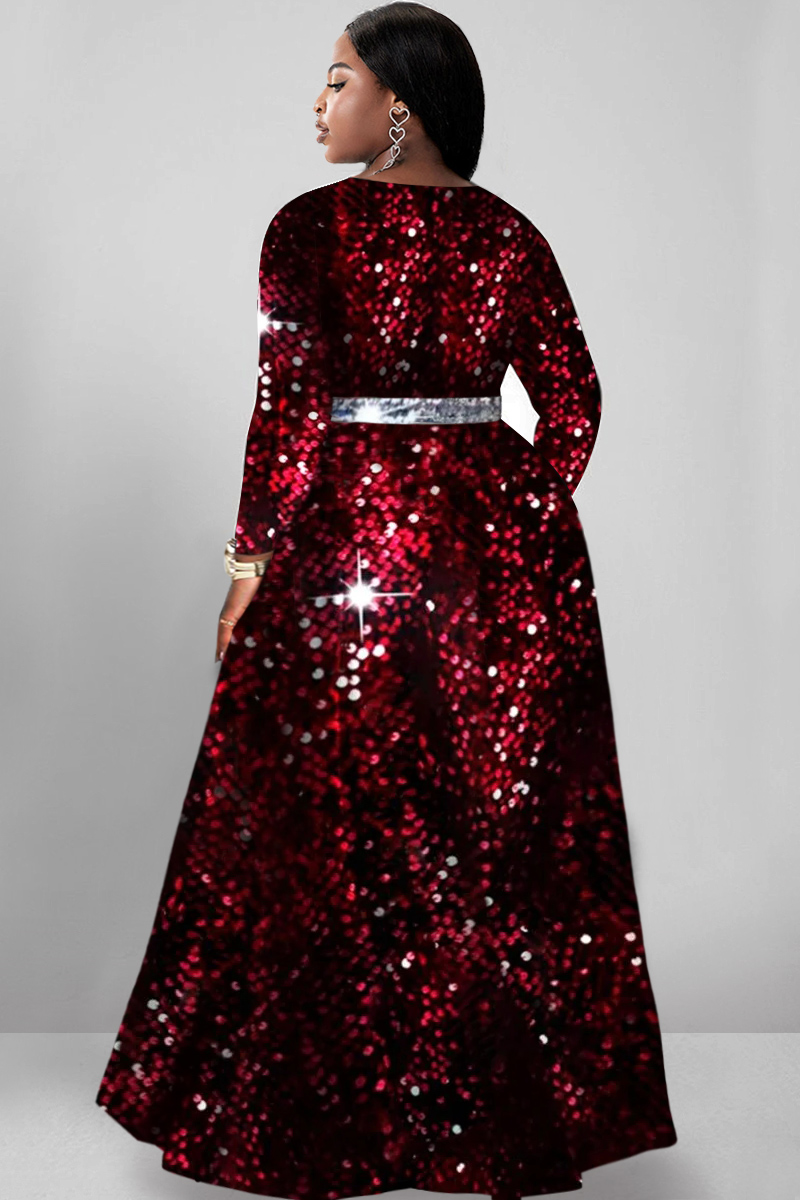 Design Plus Size Semi Formal Dresses Elegant Red All Over Print V Neck Long Sleeve Wrap Knitted Maxi Dresses With Pocket