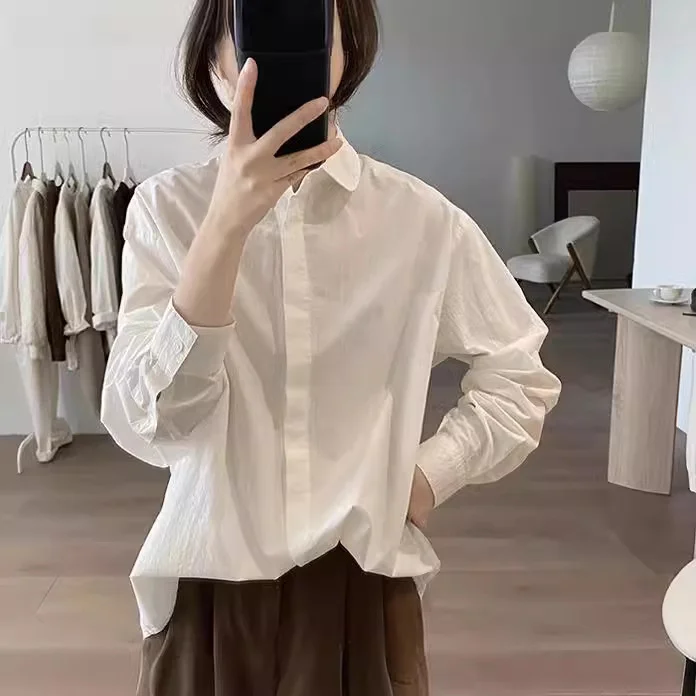 Athvotar Athvotar Shirt Women's Spring And Autumn New Loose Thin Korean Version Of Age-Reduction Long-Sleeved Basic Simple Solid Color Top