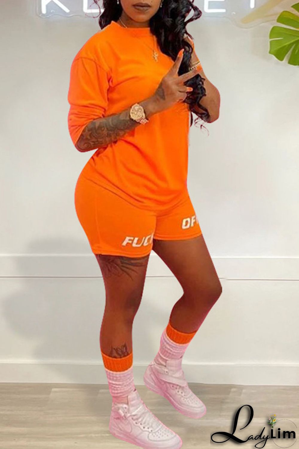 Tangerine Red Casual Print Split Joint O Neck Long Sleeve Two Pieces