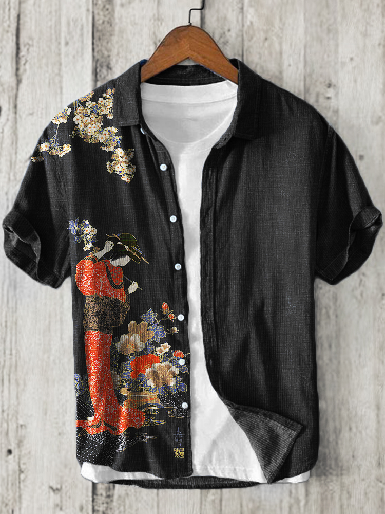 menweary Japanese Geisha among Flowers Linen Blend Shirt