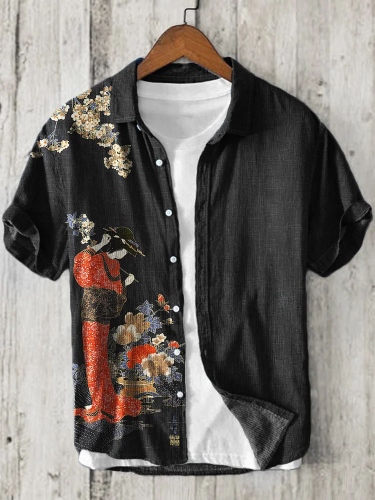 Japanese Geisha among Flowers Linen Blend Shirt