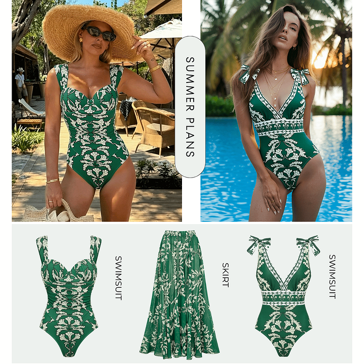 V Neck Lace Up Printed One Piece Swimsuit and Skirt