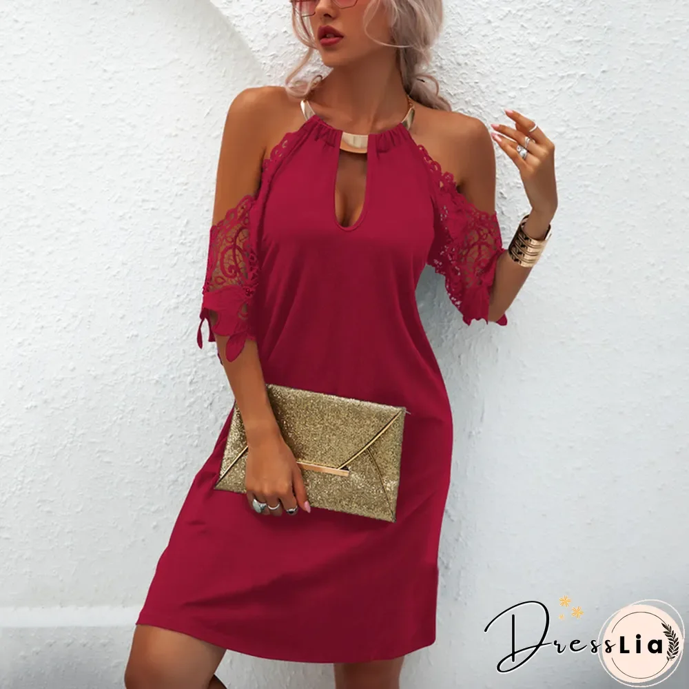Women's Fashion Sexy Dress Evening Party Mini Dress Strapless Dresses Up Short Sleeve Lace Dew Shoulder Halter Neck Solid Color