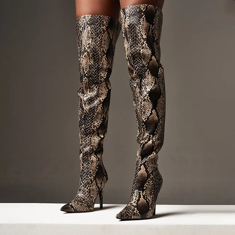 Elegant Snakeskin Heels Women's Pointed Toe Stilettos Thigh Boots |FSJ Shoes