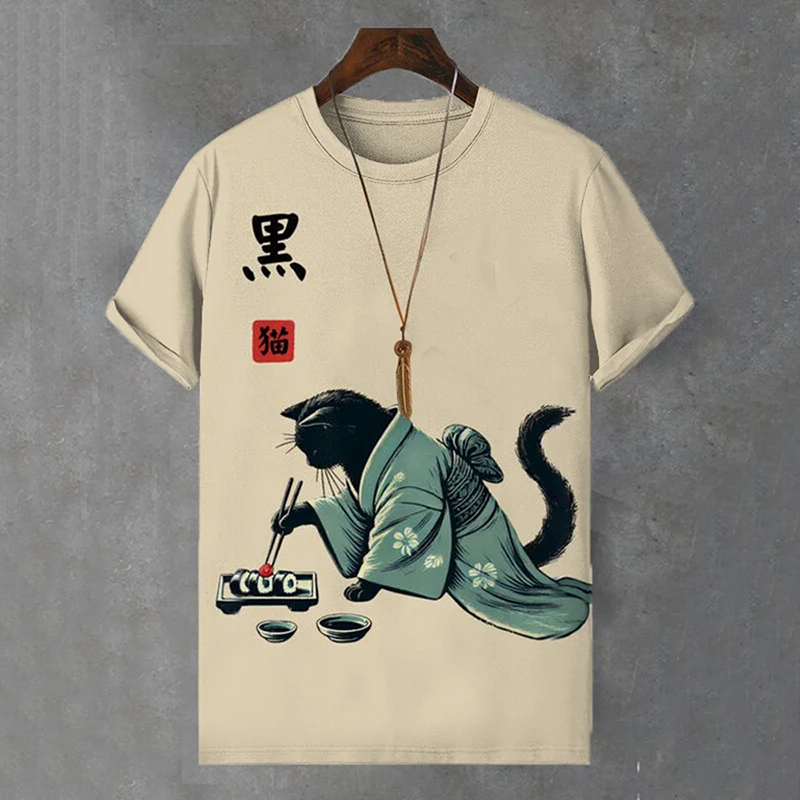 Men's Black Cat Japanese Art Painting Print Comfortable T-shirt wearshes