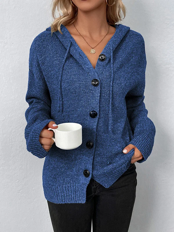 Wrap Buttoned Hooded Solid Color Cardigan