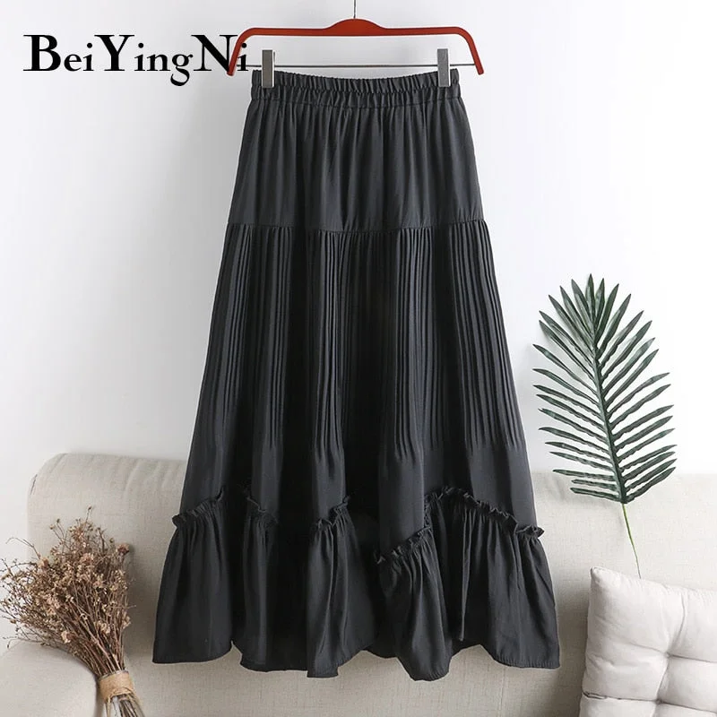 Beiyingni Korean Irregular Pleated Skirt Women Fashion 2020 Kawaii Elegant Elastic High Waist Skirts Female Preppy Casual Faldas