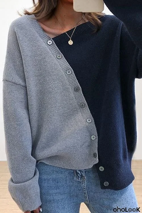 Color Block Asymmetrisch Button Sweater