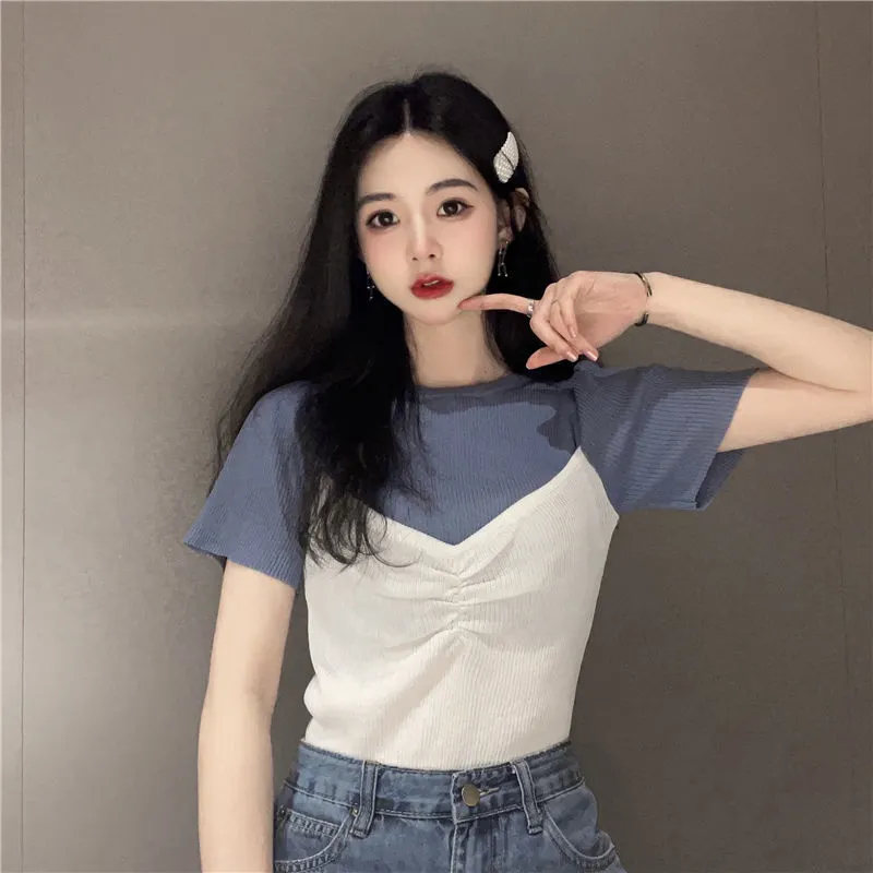 Uveng Uveng New Splicing Color Fake Two Short-Sleeved T-Shirt Women's Tide Net Red Repairing Short Half-Sleeved Top