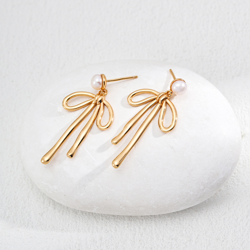 Linear Bow Pearl Gold Plated Drop Earrings